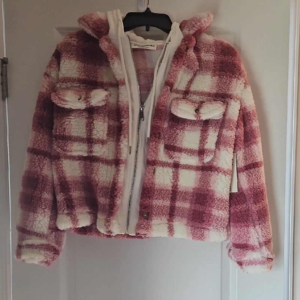 Pink and Cream Plaid Sherpa Jacket